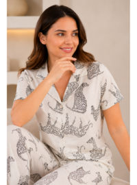 Mirano 4870 Dijital Baskı Kumaş Düğmeli Kısa Kol Leoparlı Kadın Pijama Takımı