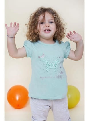 Breeze Kız Bebek Tişört Kelebek Baskılı Nakışlı 9 Ay-3 Yaş, Su Yeşili