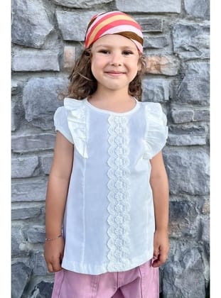 Breeze Kız Çocuk Tişört Fırfırlı Güpürlü 3-8 Yaş, Ekru