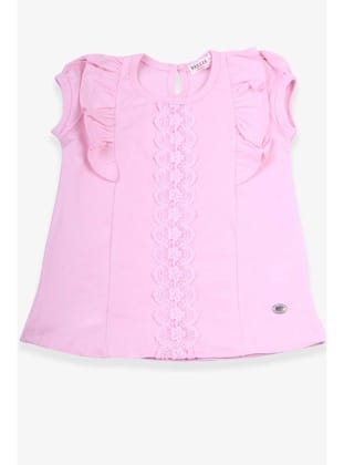 Breeze Kız Çocuk Tişört Fırfırlı Güpürlü 3-8 Yaş, Pudra
