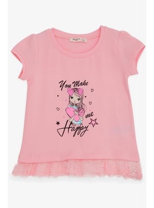 Breeze Kız Çocuk Tişört Sevimli Kız Baskılı Beli Güpürlü 1-4 Yaş, Pembe