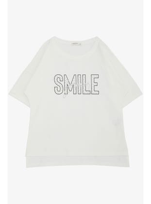 Breeze Kız Çocuk Tişört Smile Yazı Baskılı Taşlı 9-16 Yaş, Ekru