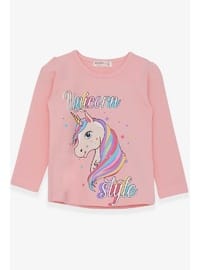 Kız Çocuk Unicorn Baskılı Tişört Pudra