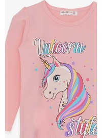 Kız Çocuk Unicorn Baskılı Tişört Pudra