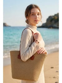 Kadın Camel Deri Kulplu Hasır Çanta CNT2608