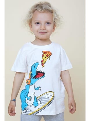 Breeze Erkek Çocuk Tişört Pizza Yiyen Mutlu Dinozor Baskılı 2-6 Yaş, Ekru