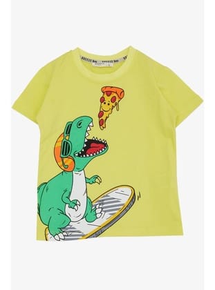 Breeze Erkek Çocuk Tişört Pizza Yiyen Mutlu Dinozor Baskılı 2-6 Yaş, Sarı