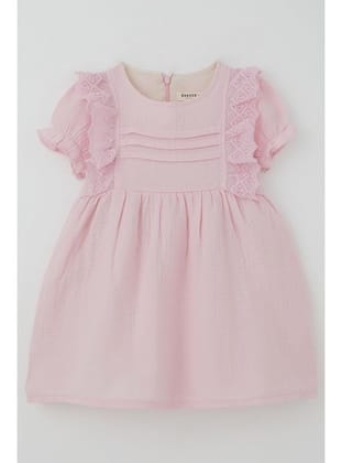 Breeze Kız Bebek Elbise Omuz Kısmı Güpür Detaylı Kolları Lastikli 9 Ay-3 Yaş, Pembe