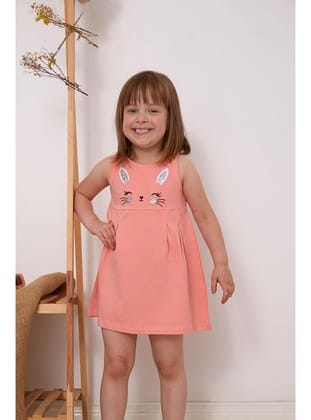 Breeze Kız Çocuk Elbise Nakışlı Pullu Sevimli Kedicik Baskılı 1.5-5 Yaş, Somon