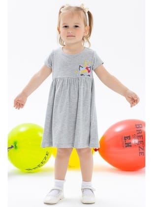 Breeze Kız Çocuk Elbise Nakışlı Unicorn 1.5-5 Yaş, Gri Melanj