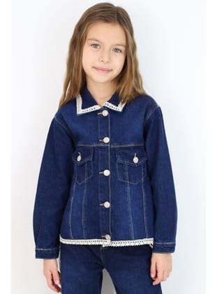 Breeze Kız Çocuk Jean Ceket Yaka & Alt Kısmı Güpür Cep Kapak Detaylı 3-7 Yaş, Koyu Mavi
