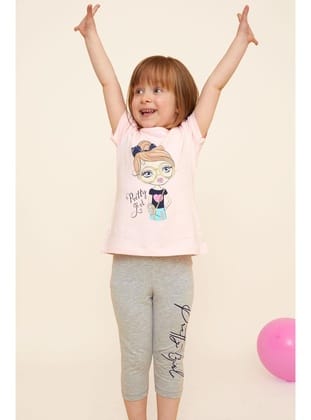 Breeze Kız Çocuk Kapri Taytlı Takım Sevimli Kız Baskılı 1.5-5 Yaş, Pembe