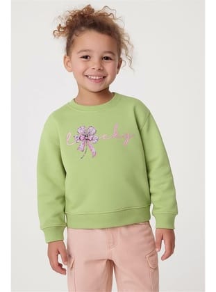 Breeze Kız Çocuk Sweatshirt Fiyonklu Çiçek Baskılı 2-6 Yaş, Fıstık Yeşili
