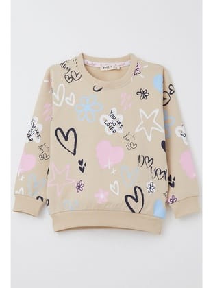 Breeze Kız Çocuk Sweatshirt Sevgi Temalı Desenli 3-8 Yaş, Bej