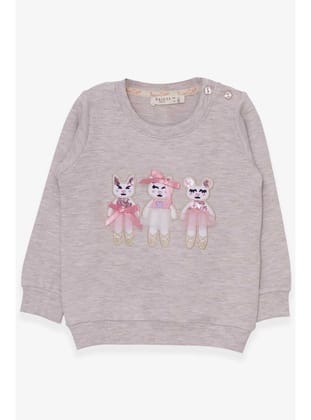 Breeze Kız Çocuk Sweatshirt Sevimli Hayvancıklar Baskılı 1.5-5 Yaş, Bej Melanj