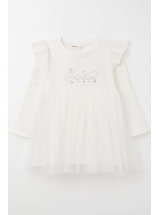 Breeze Kız Çocuk Uzun Kollu Elbise Yazı Nakışlı 1.5-5 Yaş, Ekru