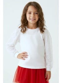 Breeze Kız Çocuk Uzun Kollu Tişört Kolları Tül Detaylı 4-9 Yaş Ekru