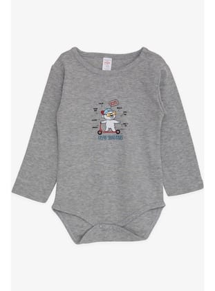 Breeze Erkek Bebek Çıtçıtlı Body Gözlüklü Ayıcık Baskılı 9 Ay-3 Yaş, Koyu Gri Melanj