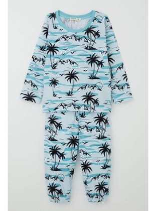 Breeze Erkek Bebek Pijama Takımı Palmiye Ağacı Desenli 9 Ay-3 Yaş, Açık Mavi