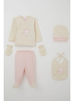 Breeze Kız Bebek Hastane Çıkışı 5 Li Sevimli Kedi Nakışlı Fiyonklu 0-3 Ay, Krem