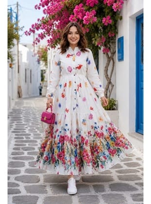 Kadın Düğmeli Çiçek Desenli Modal Beyaz Elbise