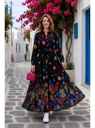 Kadın Düğmeli Çiçek Desenli Modal Siyah Elbise