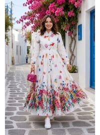 Kadın Düğmeli Çiçek Desenli Modal Beyaz Elbise