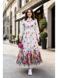 Kadın Düğmeli Çiçek Desenli Modal Beyaz Elbise