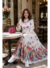 Kadın Düğmeli Çiçek Desenli Modal Beyaz Elbise
