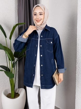 Kadın Yıkamalı Cepli Denim Kot Lacivert Ceket
