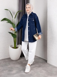 Kadın Yıkamalı Cepli Denim Kot Ceket
