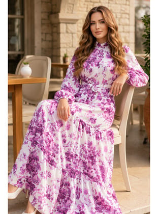 Desenli Tesettür  Jessica Elbise B589 Fuşya