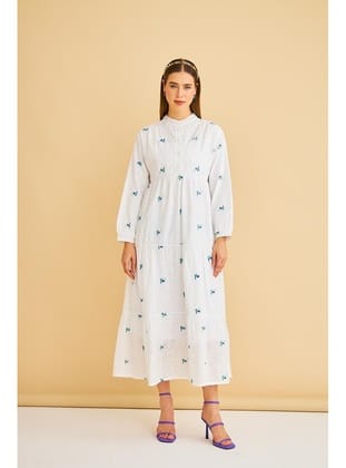 Guıpure Nakışlı ve Düğmeli Brode Oversize Yeşil Elbise Yeşil