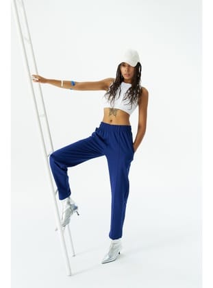 Lacivert Kadın Yüksek Ayarlanabilir Bel Comfort Fit Pamuklu Jogger Pantolon Lacivert