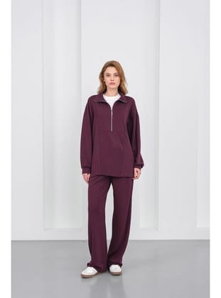 Mürdüm Kadın Premium Modal Kumaş Yarım Fermuarlı Oversize Alt-Üst Takım Mürdüm