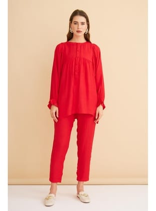 Pinky Düğmeli Kolları Büzgülü Keten Kırmızı Tunik Pantolon Kırmızı