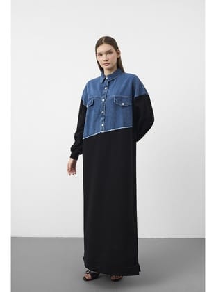 Siyah Denim Detaylı Çıt Çıtlı Pamuklu Örme Elbise Siyah