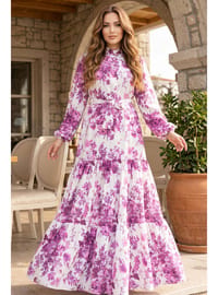 Desenli Tesettür Jessica Elbise B589 Fuşya