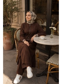 Kadın Ribanalı Fermuarlı Keten Tunik Pantolon Kahverengi İkili Takım