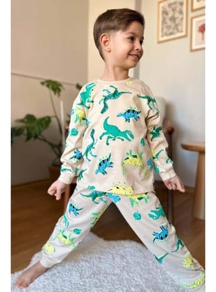 Erkek Çocuk Üzeri Dinazor Baskılı Bisiklet Yaka Pijama Takımı Krem