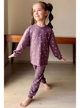 Kız Çocuk Bilekleri Manşetli Papatya Desenli Mor Pijama Takımı Mor