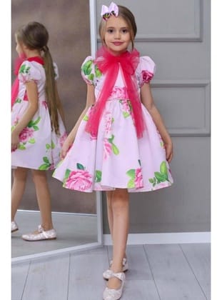 Kız Çocuk Çiçek Baskılı Yakası Transparan Fiyonk Detaylı Pembe Elbise Pembe