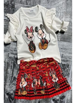 Kız Çocuk Omzu Fırfırlı Mickey ve Minnie Baskılı Beyaz Bluz Etekli Takım Beyaz