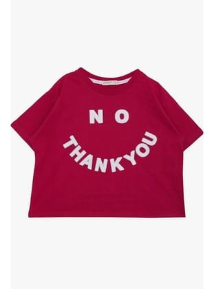 Kız Çocuk Simli Thank You Yazı Baskılı Fuşya Crop Fuşya