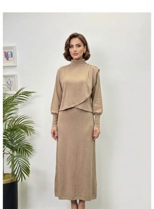 4415 - Asimetrik Tunik Etek Tesettür İkili Takım Bej-A18
