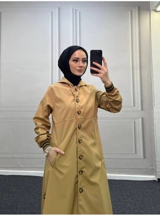 4435 - Kapüşon Detaylı Tesettür Trençkot Camel-H11