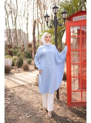 4503 - Keten Uzun Tunik Mavi̇-J-7