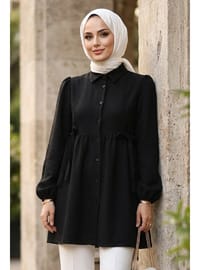 Beli Büzgülü Düğmeli Siyah Tesettür Tunik