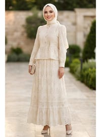 Düğme Detaylı Peplum Fisto Bej Tesettür İkili Takım