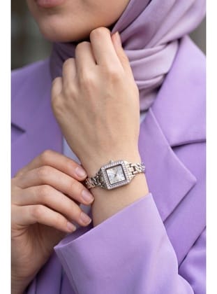 Taşlı Minimal Çerçeveli Gümüş Kadın Kol Saati